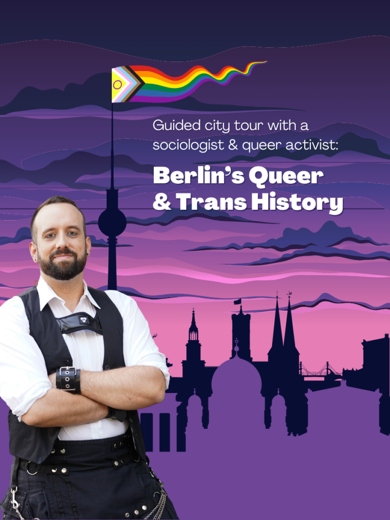 An example for Berlin Pride events: A tour guide smiles into the camera. In the background is the landscape of Berlin at night. Text says: Guided city tour with a sociologist & queer activist: Berlin's Queer & Trans History