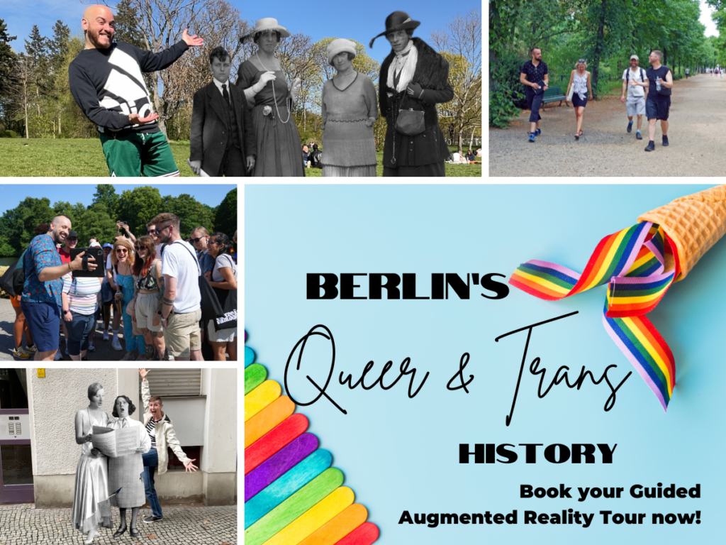 A collage of photos taken during the guided tour about Berlin's Queer and Trans History which also covers Berlin Pride parties. CTA: Book your tour now!